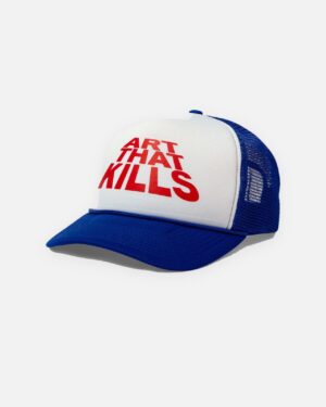 Cappellino trucker Gallery Dept. bianco e blu con scritta rossa ART THAT KILLS sul pannello frontale