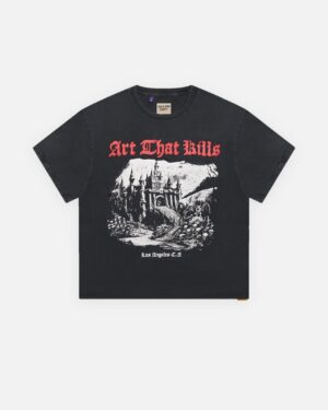 T-shirt nero slavato Art That Kills Castle con castello gotico e scritta rossa, retro logo GALLERY DEPT.