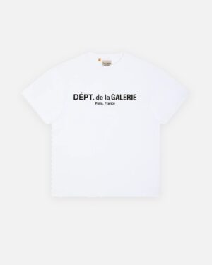 T-shirt bianca con logo nero DÉPT. de la GALERIE e Paris, France sul petto, girocollo a costine