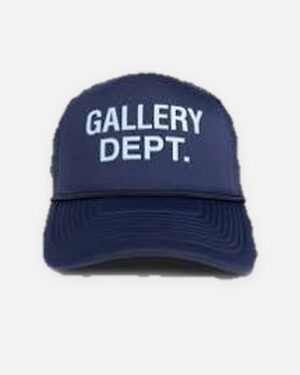 Cappellino trucker Gallery Dept. blu navy con logo bianco e cordino sopra la visiera