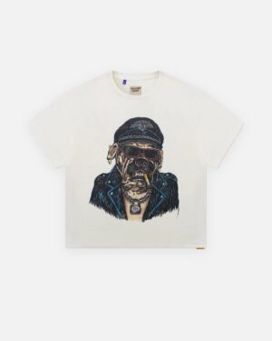 T-shirt bianco vintage Biker Dog con bulldog in giacca di pelle, retro logo GALLERY DEPT. dorato